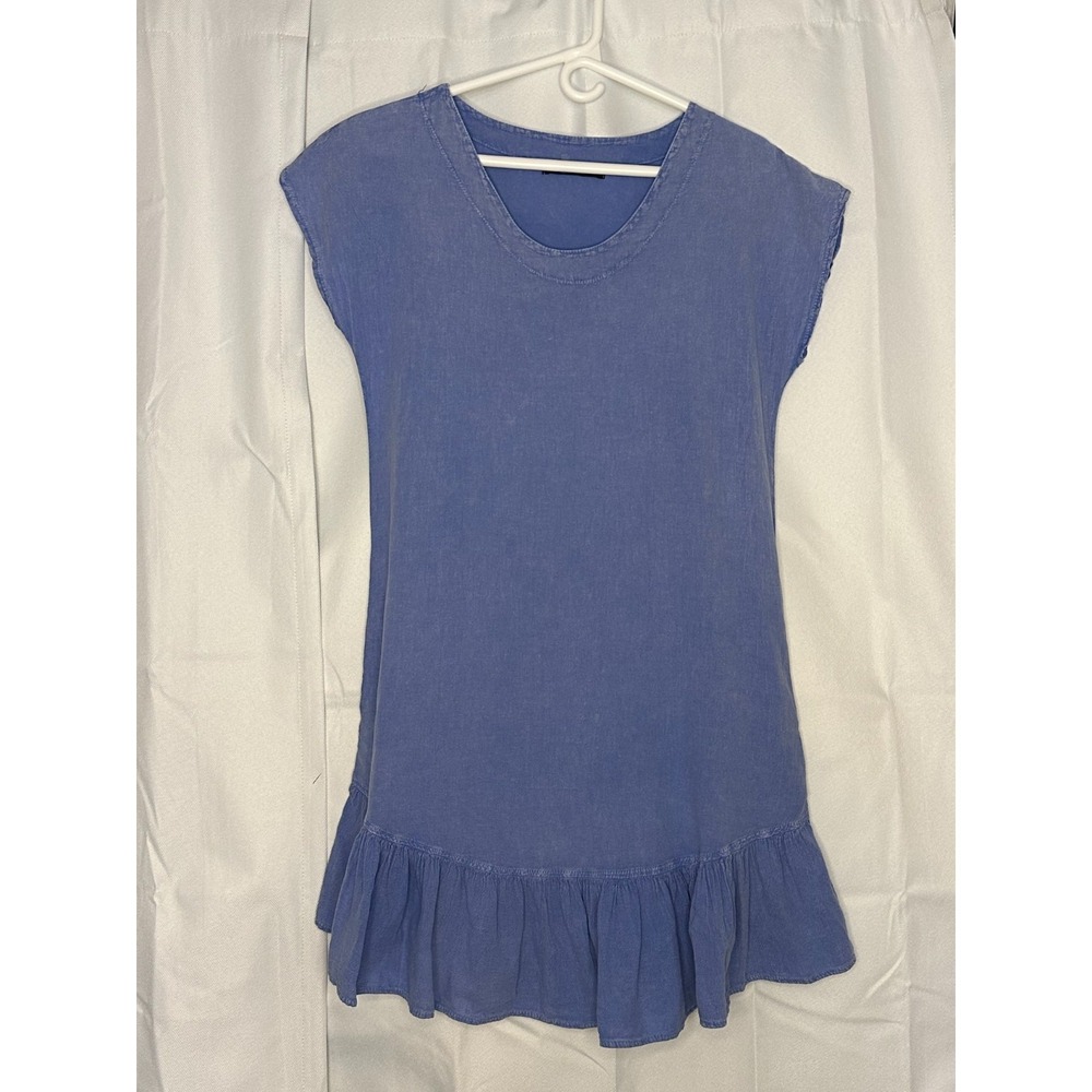 Giocam S Blue Cotton Ruffle Hem Dress Pockets Coastal Boho Lagenlook Casual